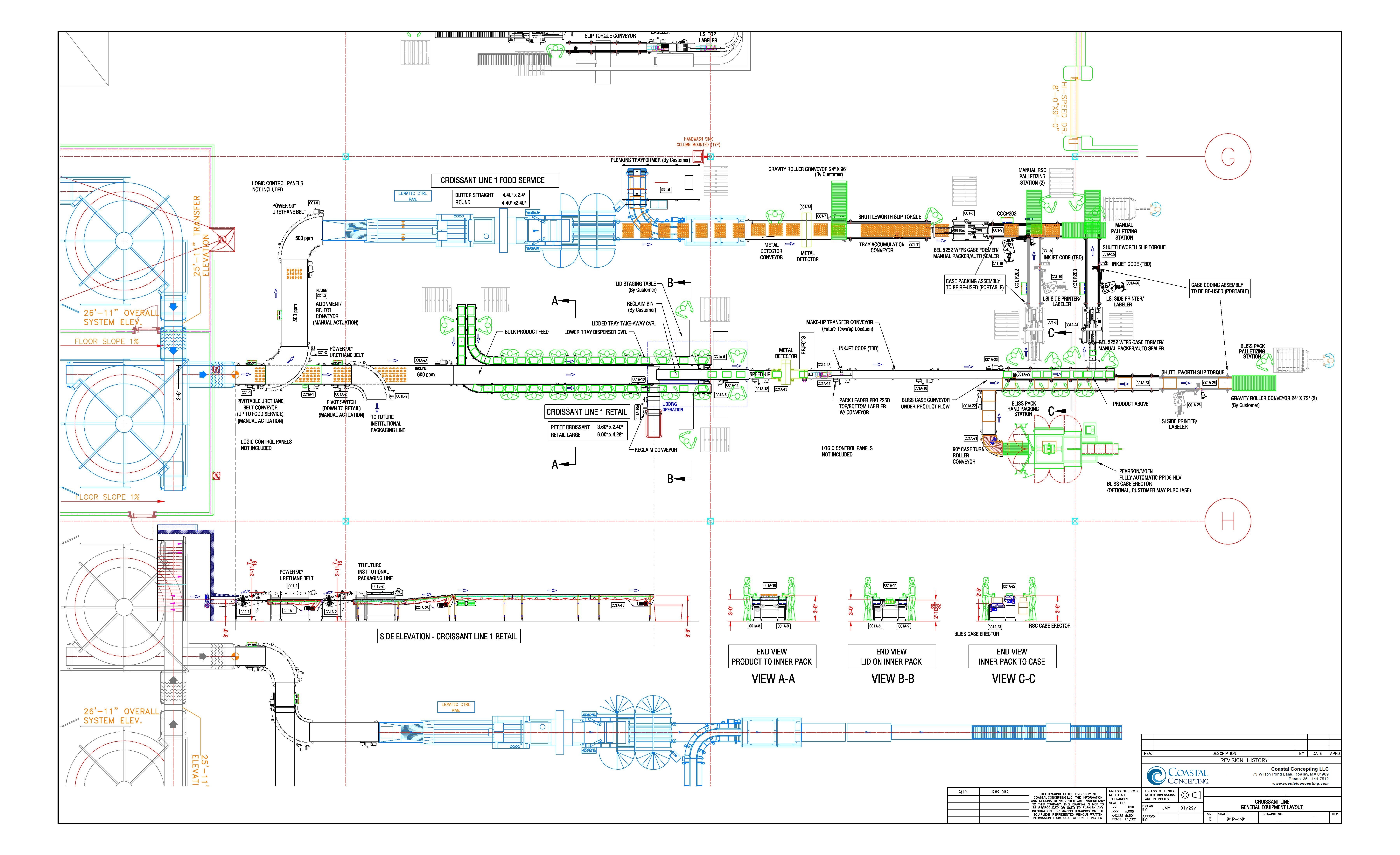 AutoCAD 2D concept drawing, automated packaging line, bakery products, food grade conveyors